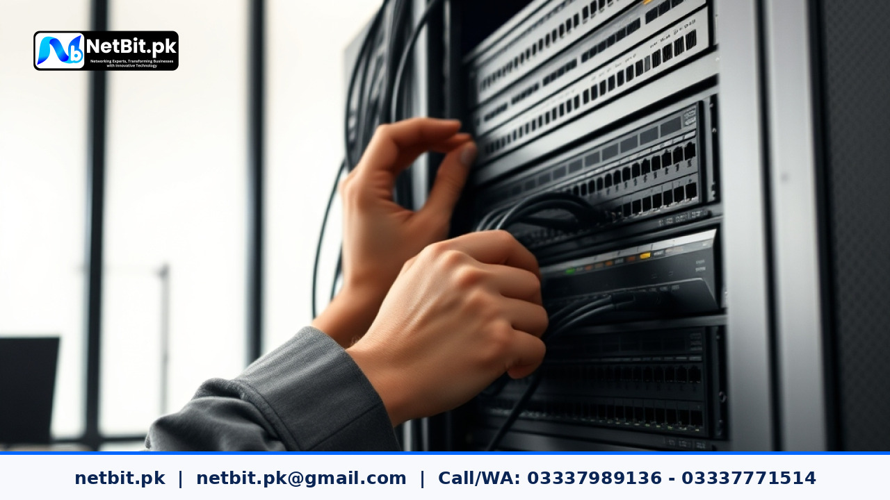 Network engineer configuring router settings in an office environment