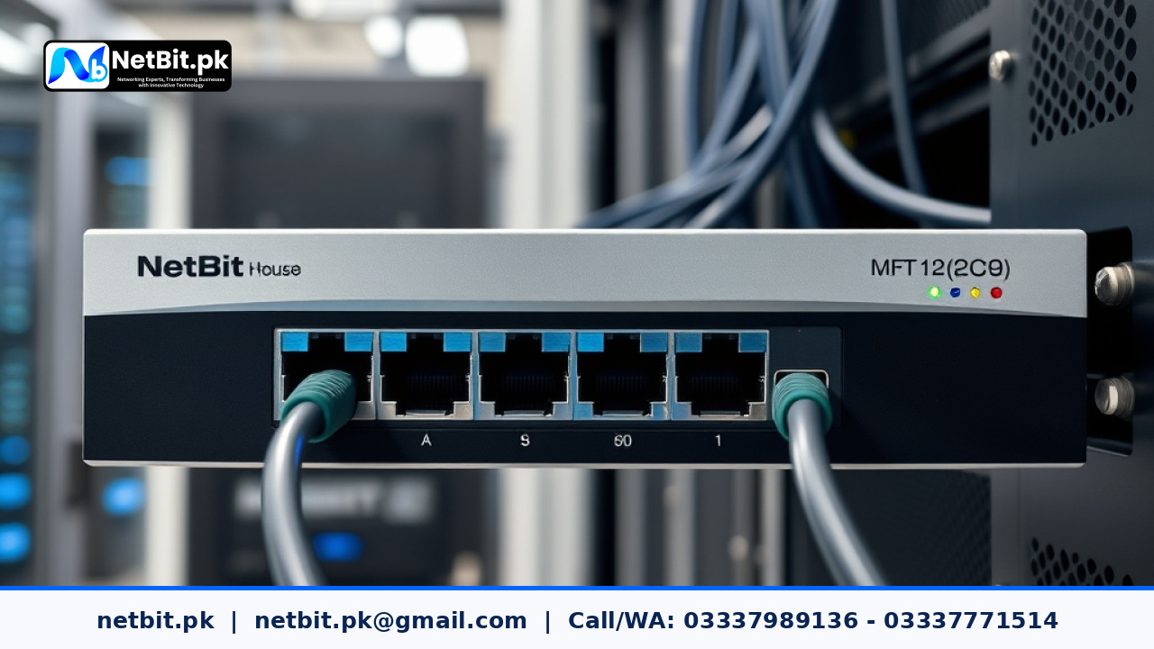 Enterprise router rack in a professional office server room with dual WAN network cables connected for automated failover