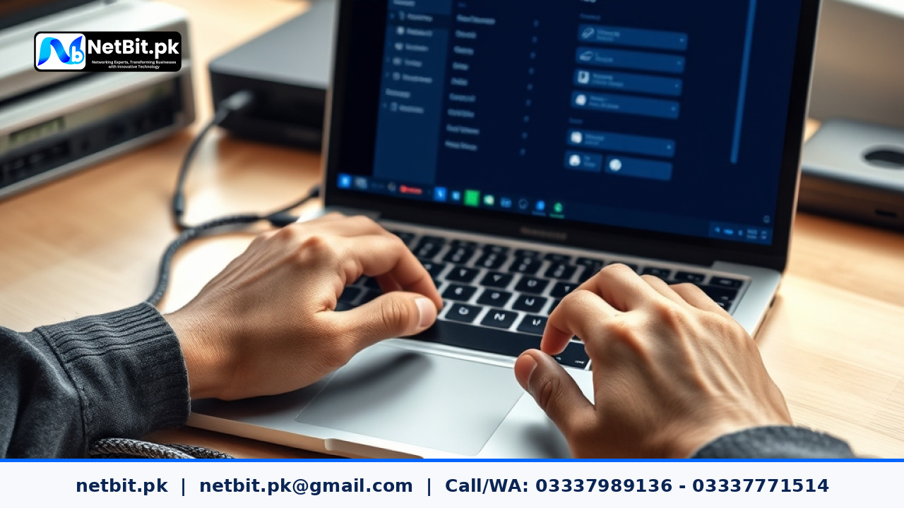 Office desk showing a laptop with email configuration settings and structured network cables | NetBit Software House and Technology | netbit.pk