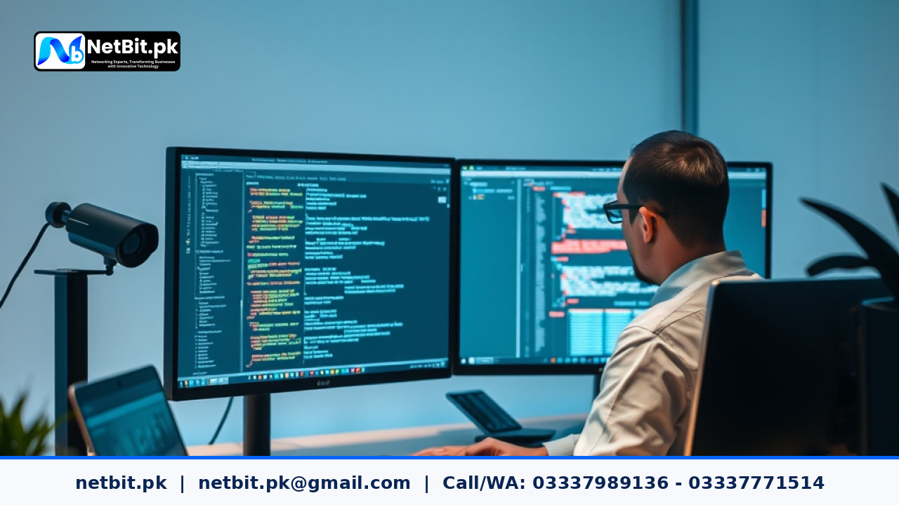 Professional software developer configuring environment variables on a dual monitor computer setup in a modern tech office