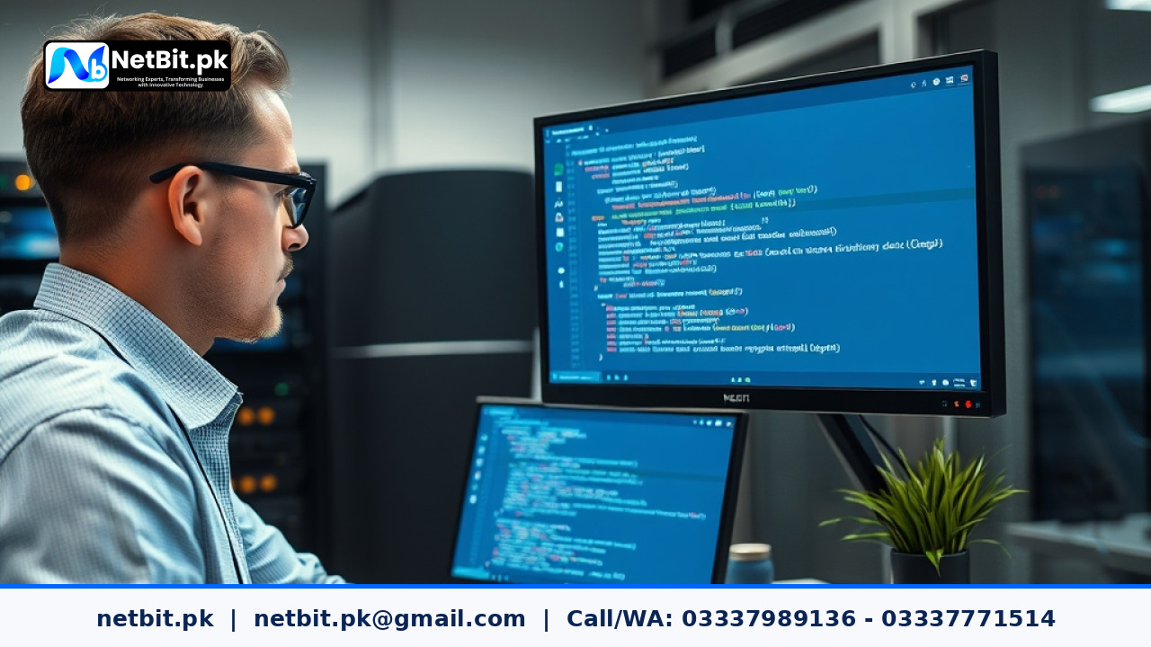 Server engineer configuring environment variables on a production monitor during software deployment