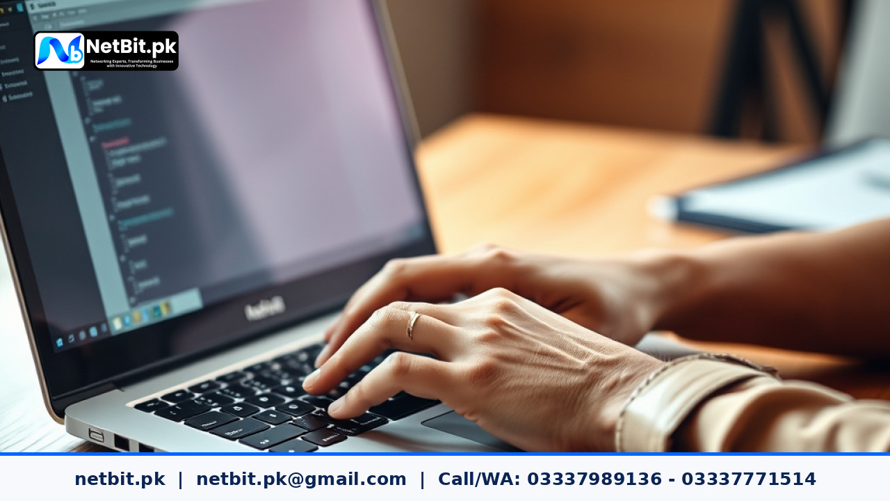 A software developer working on code at a clean desk in an office | NetBit Software House and Technology | netbit.pk