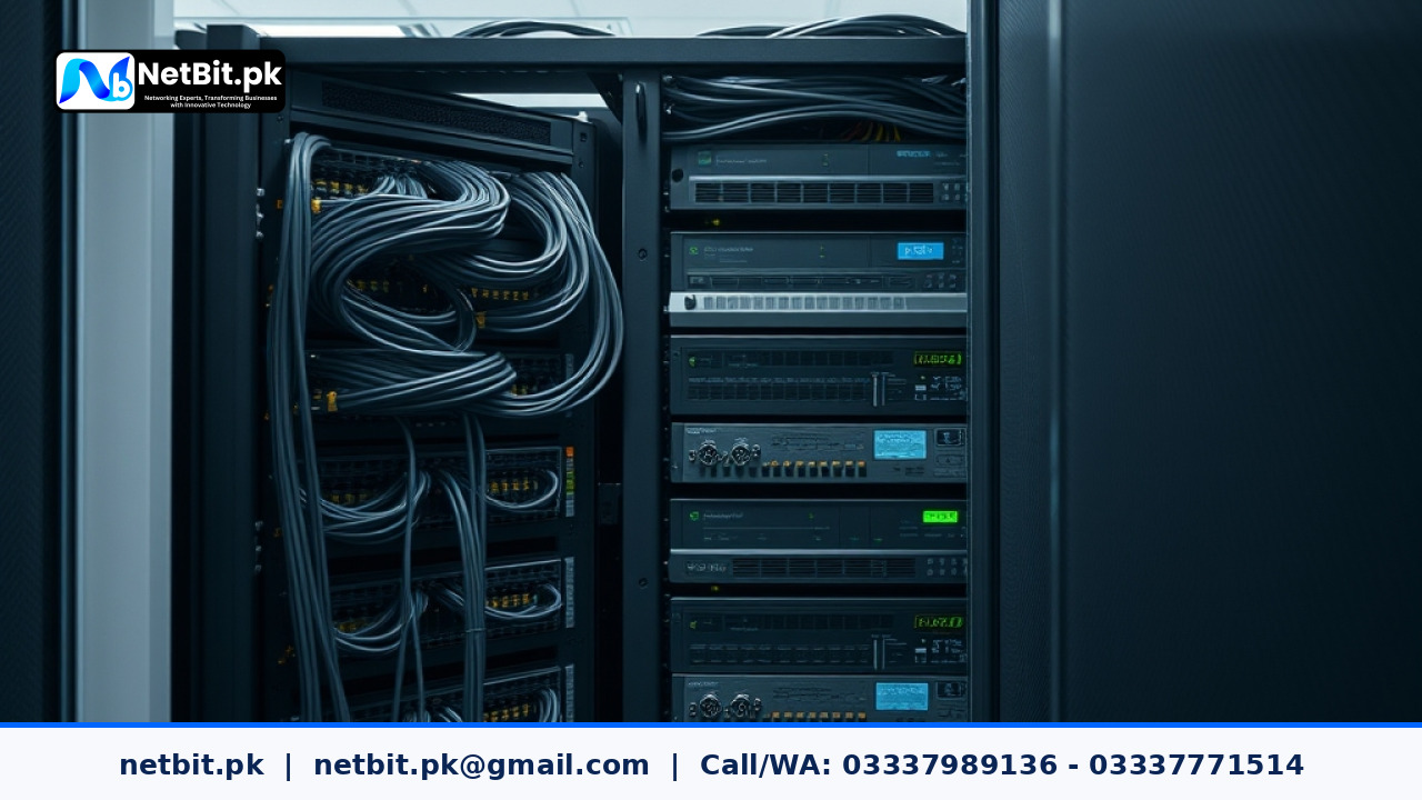 Server room rack with blinking indicator lights and network cables