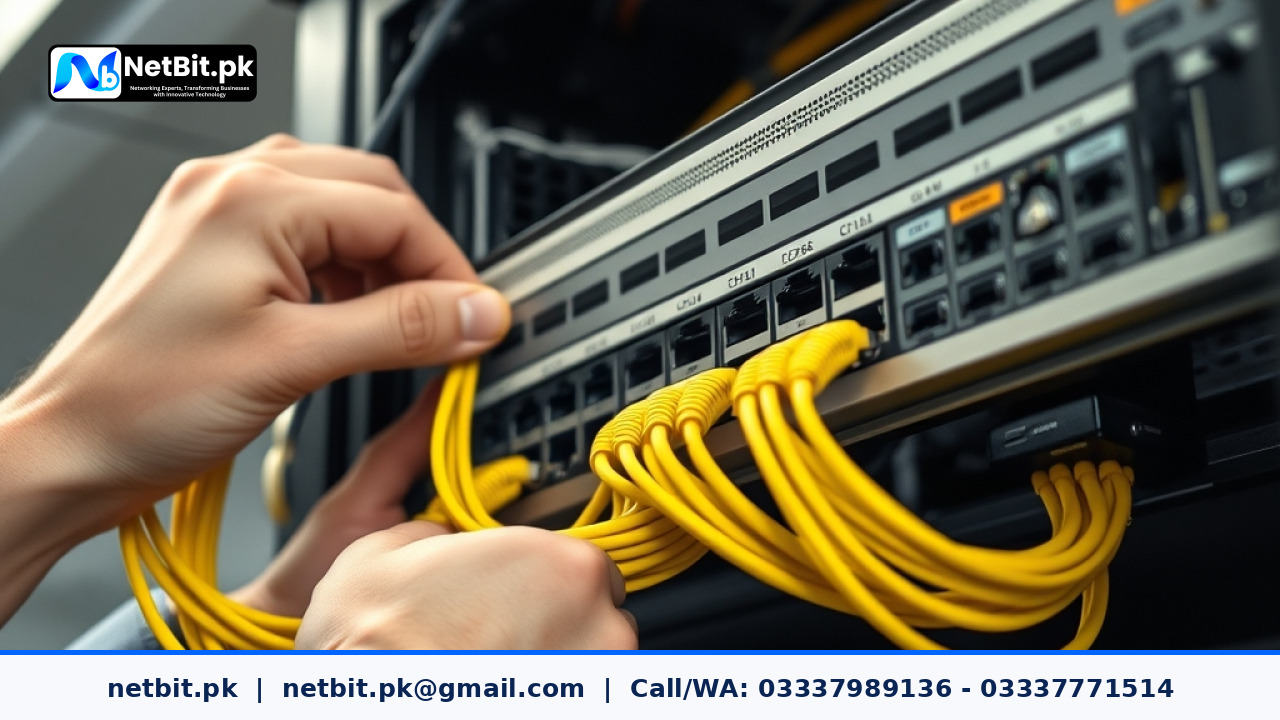 Network technician configuring managed switches in an office server rack
