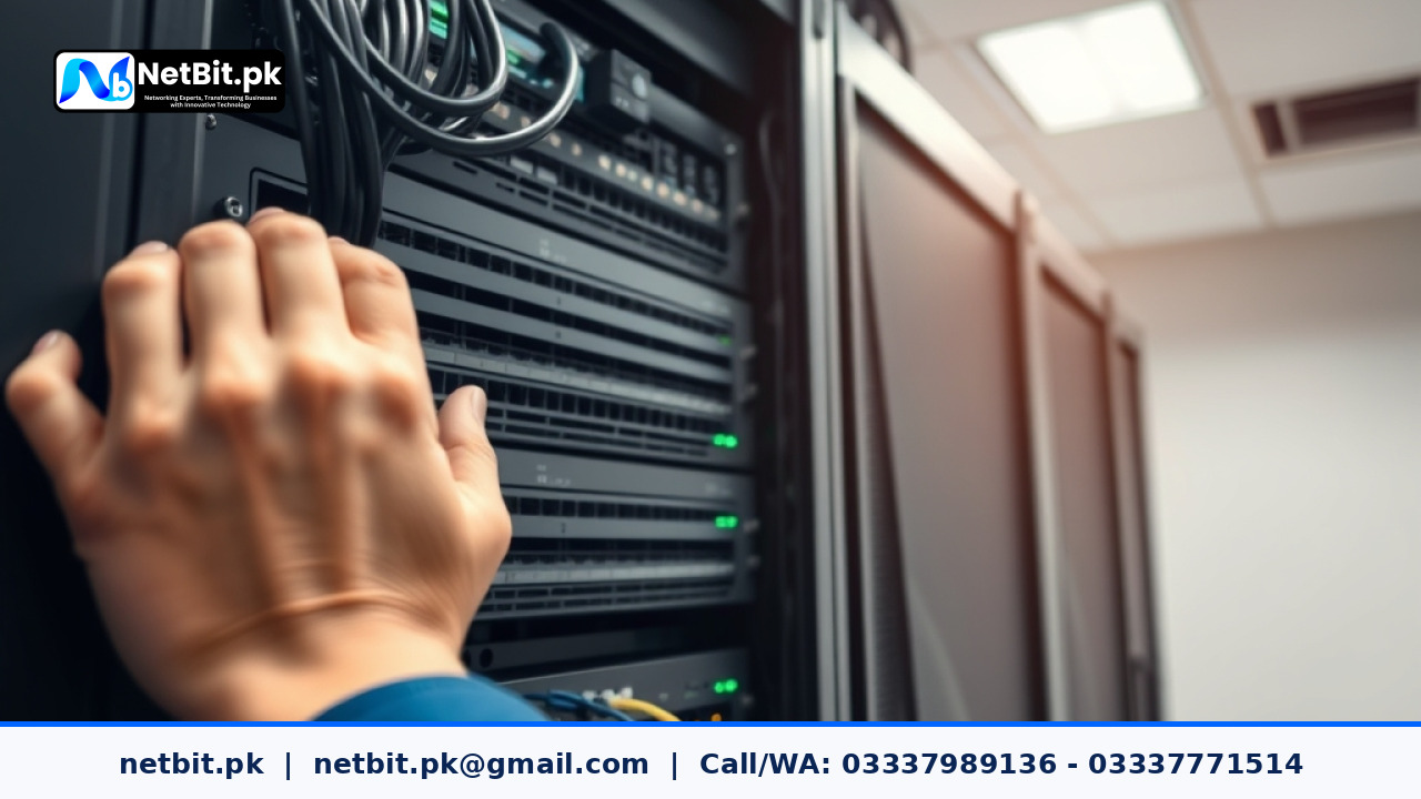 Network technician configuring router and switches in an office server rack