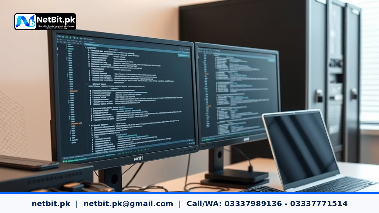 A professional IT engineer configuring server settings on a modern monitor in a clean office environment.
