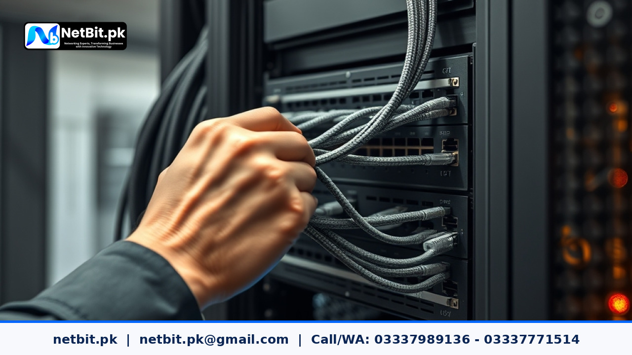 Network technician configuring managed switches and Cat6 cables in an office rack