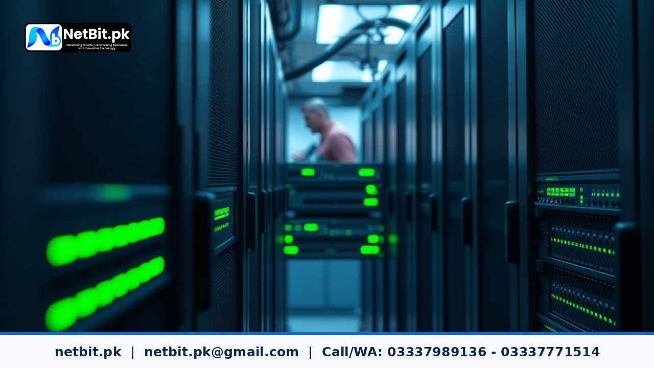 Enterprise networking equipment and server racks with glowing indicator lights