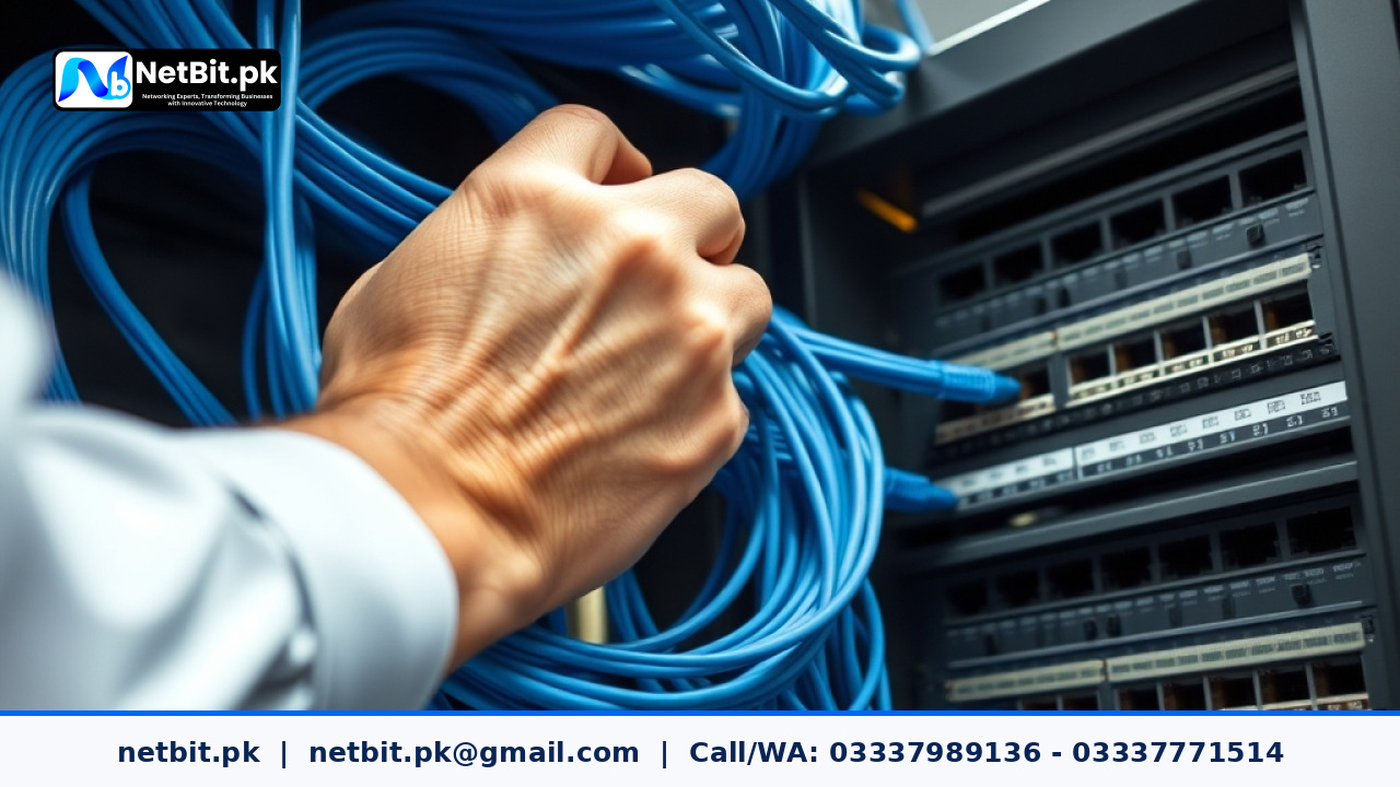 Network technician configuring office switches and ethernet cables in a server room