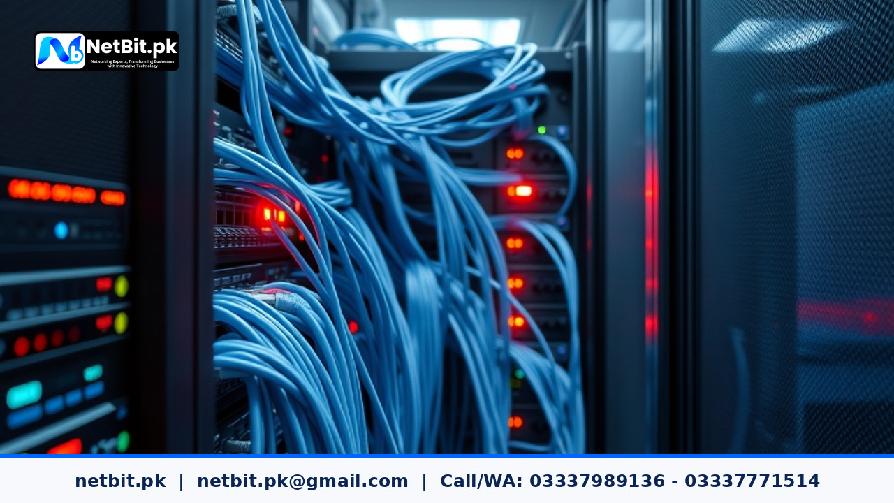 Server rack with ethernet cables and active network equipment inside a modern data center