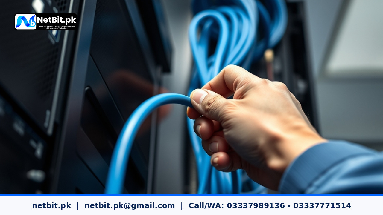 IT technician connecting an Ethernet cable into a server rack system in an office server room | NetBit Software House and Technology | netbit.pk