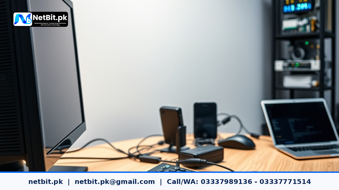 Clean office desk setup featuring a modern computer system, keyboard, mouse, and data cables
