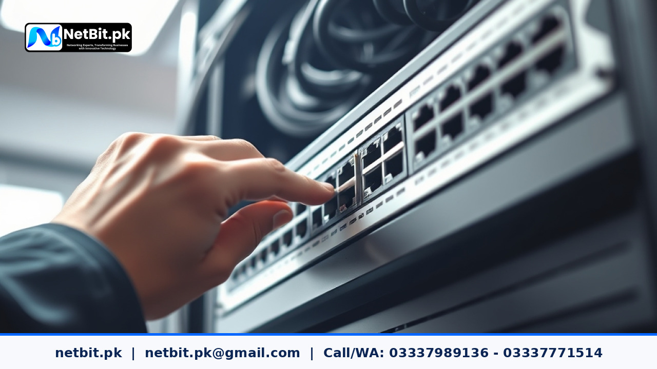 Network technician configuring switch power settings in an office rack