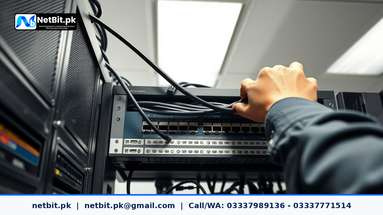 Network technician configuring office switch power over ethernet settings