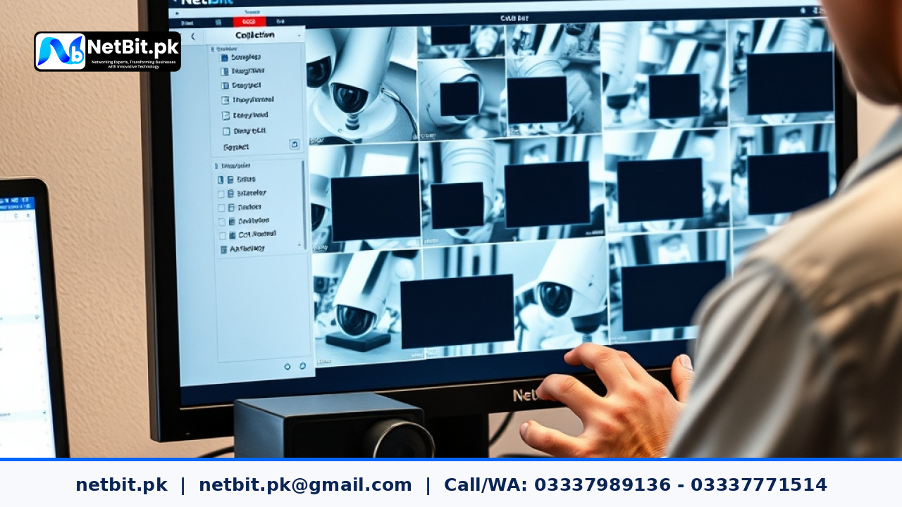 Technician configuring CCTV privacy mask parameters on a monitor inside an office rack room | NetBit Software House and Technology | netbit.pk