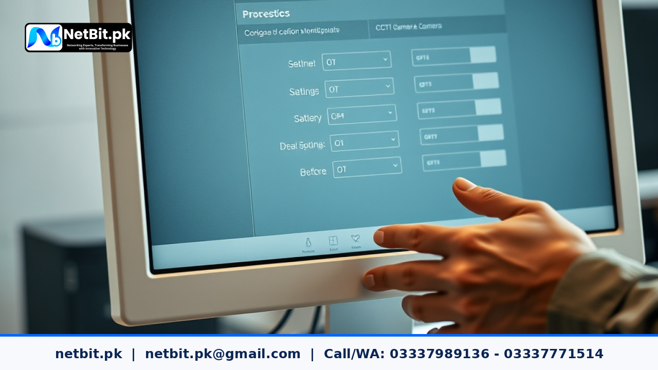 A technician configuring CCTV privacy mask zones on an NVR computer screen in a modern office setup. | NetBit Software House and Technology | netbit.pk