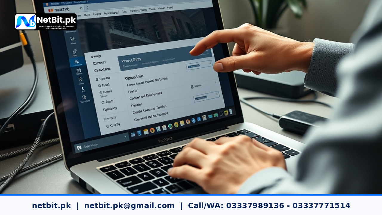 A technician using a laptop to configure IP camera settings in a professional office environment. | NetBit Software House and Technology | netbit.pk