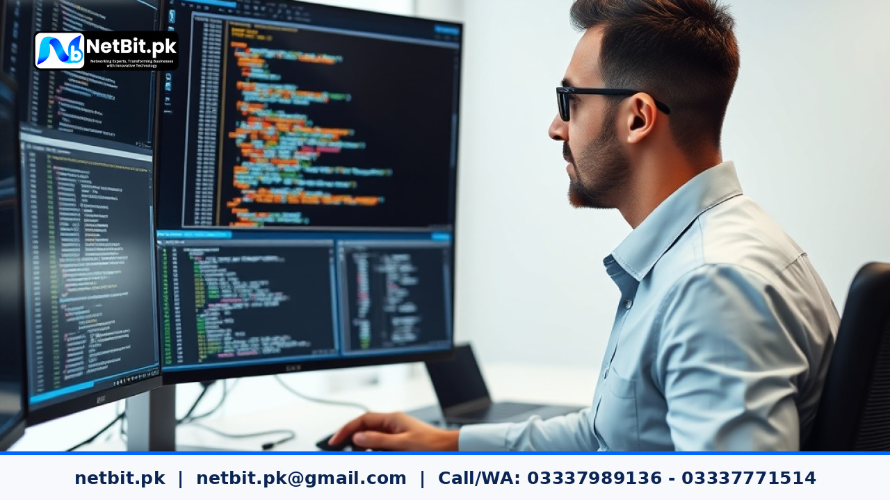 Developer configuring software code and server settings on a modern computer monitor