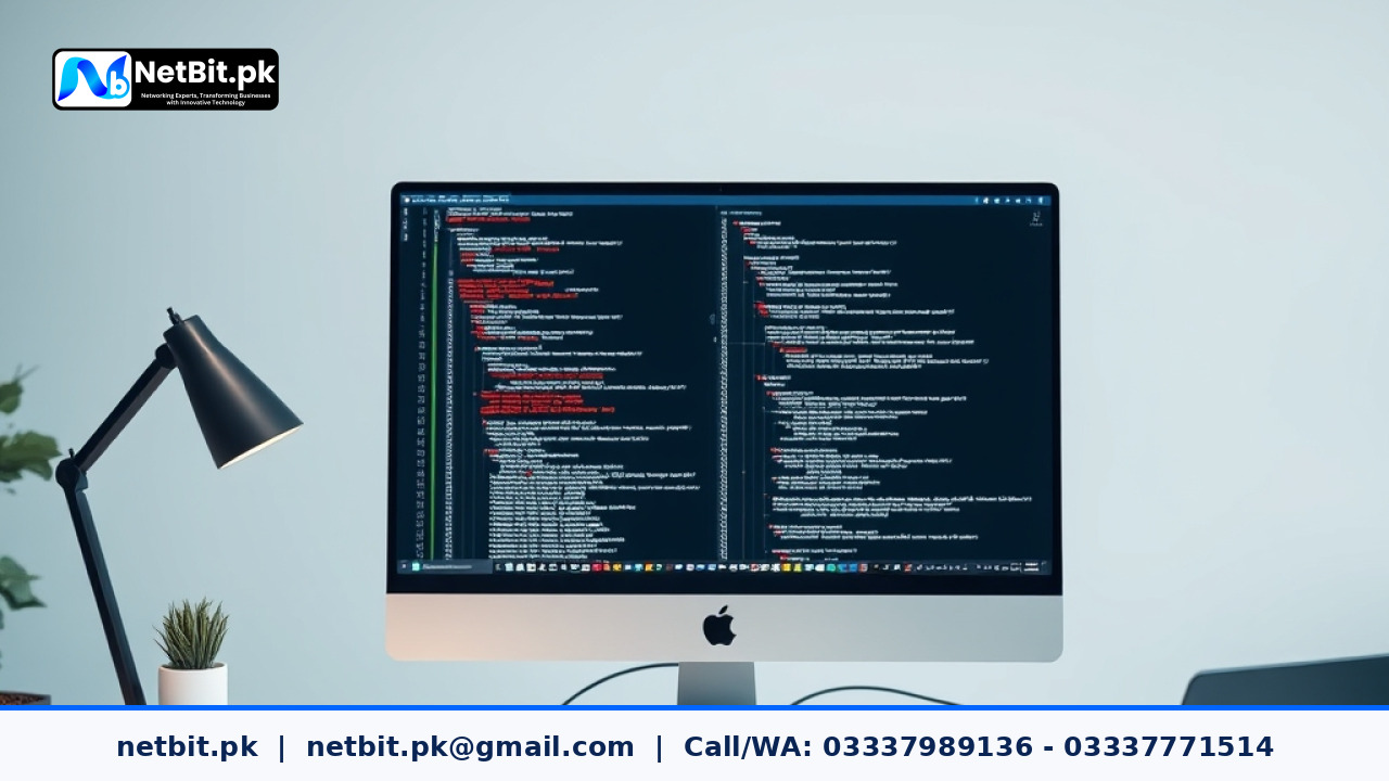 Clean workspace showing a desktop monitor displaying technical code and website structure analysis for digital optimization