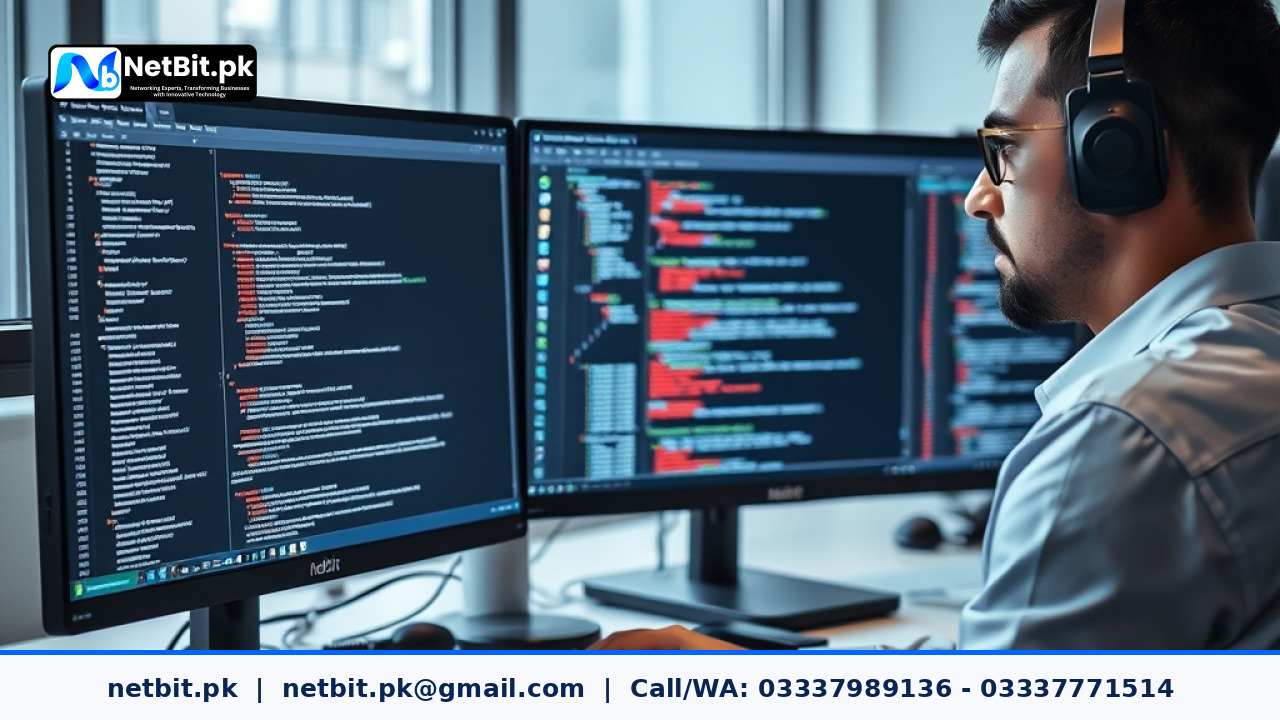Professional software engineer reviewing server logs and deployment rollback checklists on a dual monitor workstation