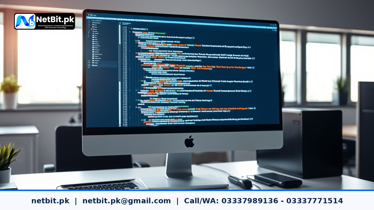 A professional software developer configuring deployment scripts on a dual-monitor computer workstation in an office.