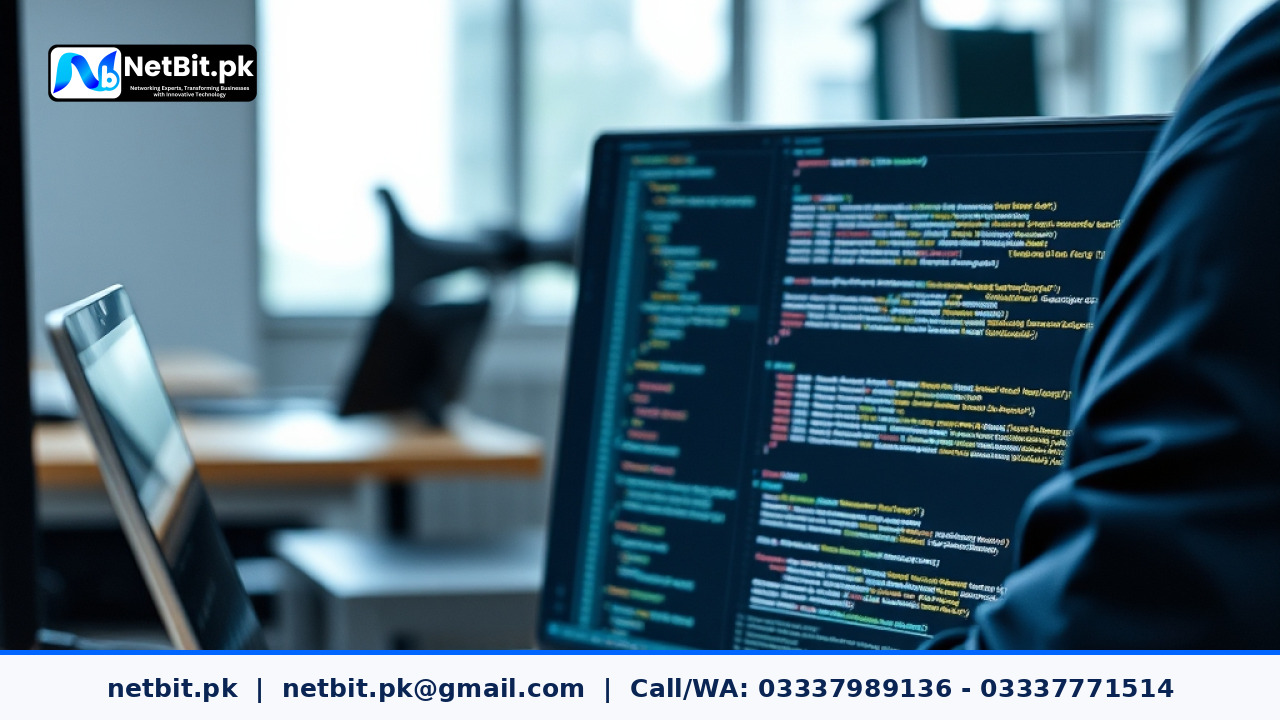 Technician reviewing software deployment scripts on an office workstation