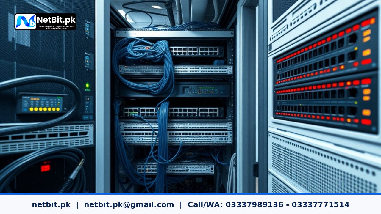 Network engineer configuring enterprise switches in a server room rack