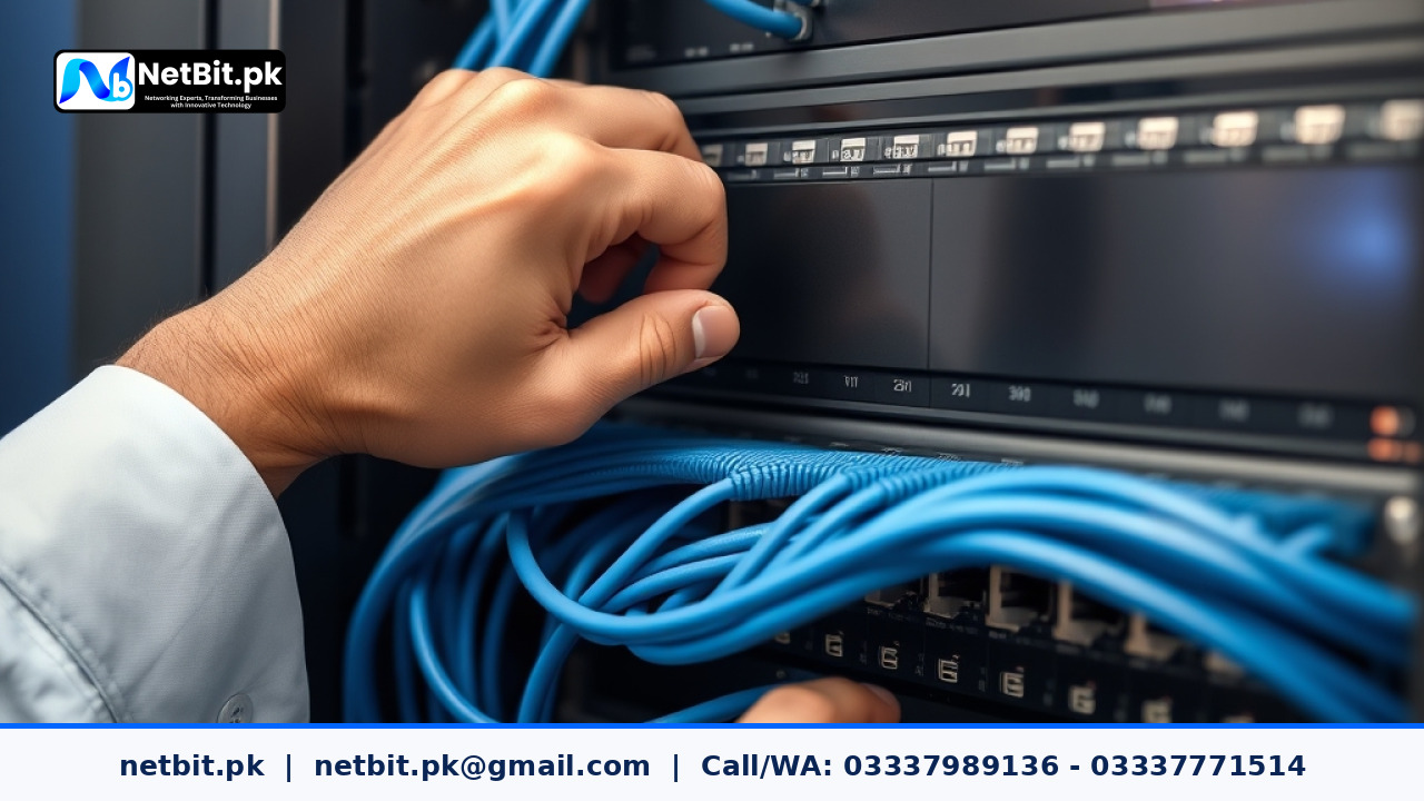 Network technician configuring office switches and structured cabling