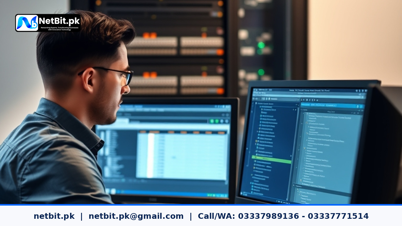 Network administrator configuring router settings on a dual monitor workstation in a modern office