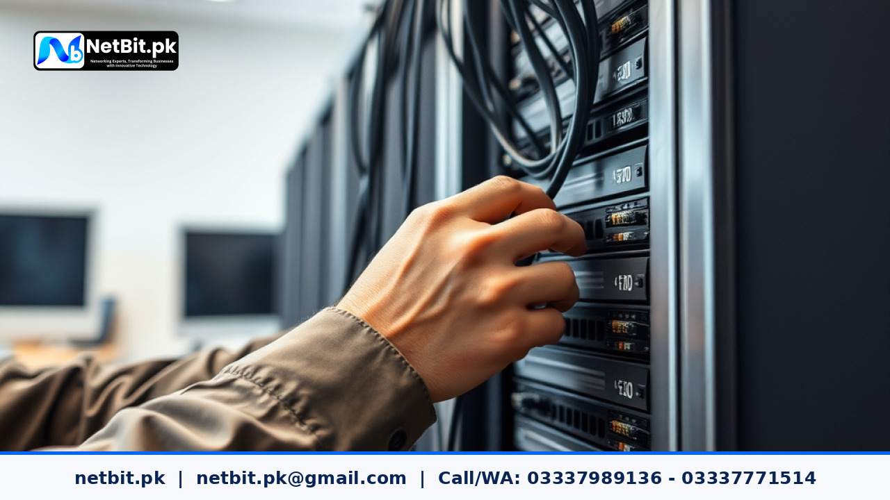 IT technician configuring network settings on a business server in an office | NetBit Software House and Technology | netbit.pk