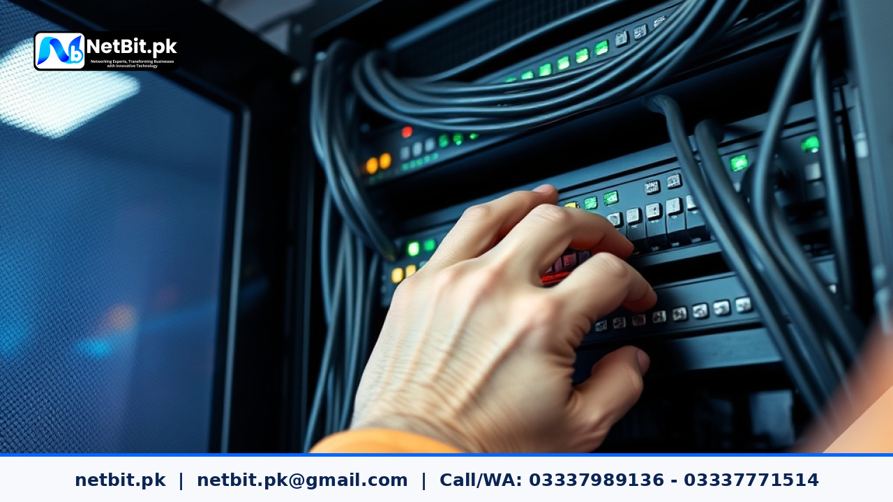 Network technician configuring server settings on an office computer | NetBit Software House and Technology | netbit.pk