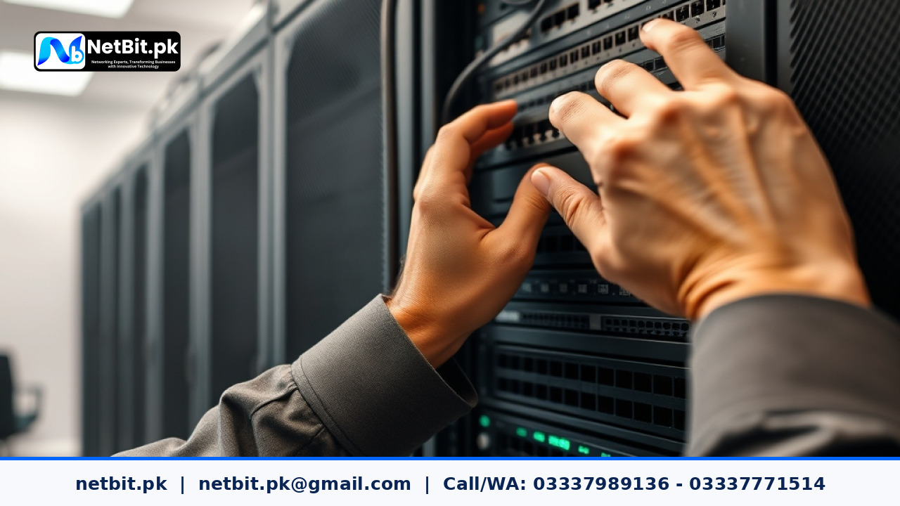 Network technician configuring business router settings in an office rack