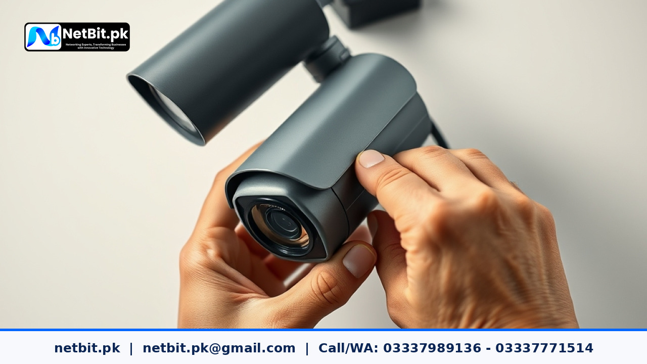 Hands of a technician configuring IP camera settings on an office surveillance setup | NetBit Software House and Technology | netbit.pk