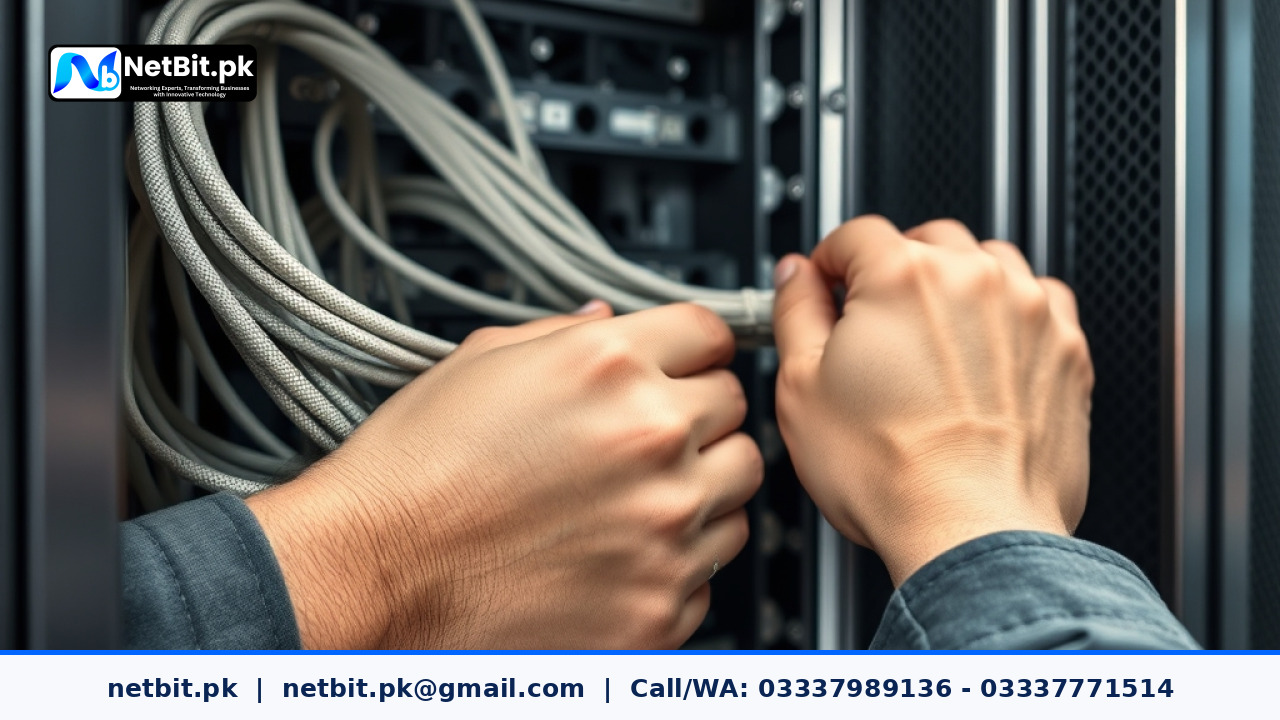 IT technician organizing cables on a business rackmount server chassis in a server rack