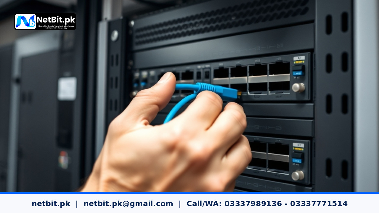 Network technician configuring managed switches and structured cabling in an office server rack | NetBit Software House and Technology | netbit.pk