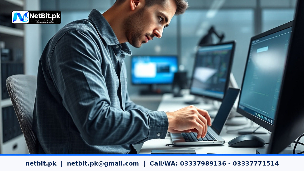 IT technician performing maintenance on office computer and USB peripherals