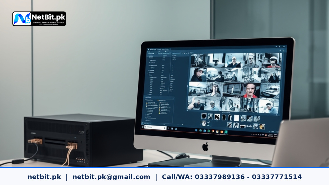 A professional computer workstation displaying CCTV camera configuration software with network switches and data cables nearby.