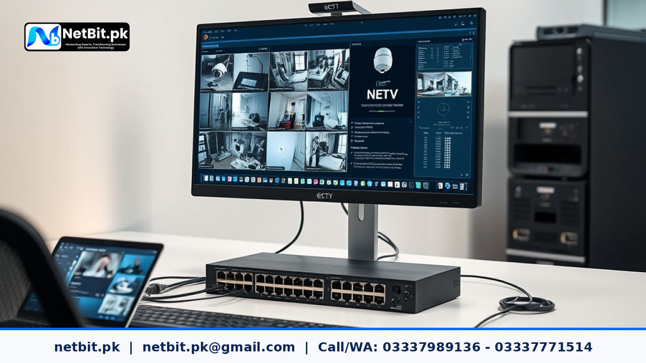 Professional IT workspace showing network switches, Cat6 cables, and computer screens managing IP CCTV camera video retention software