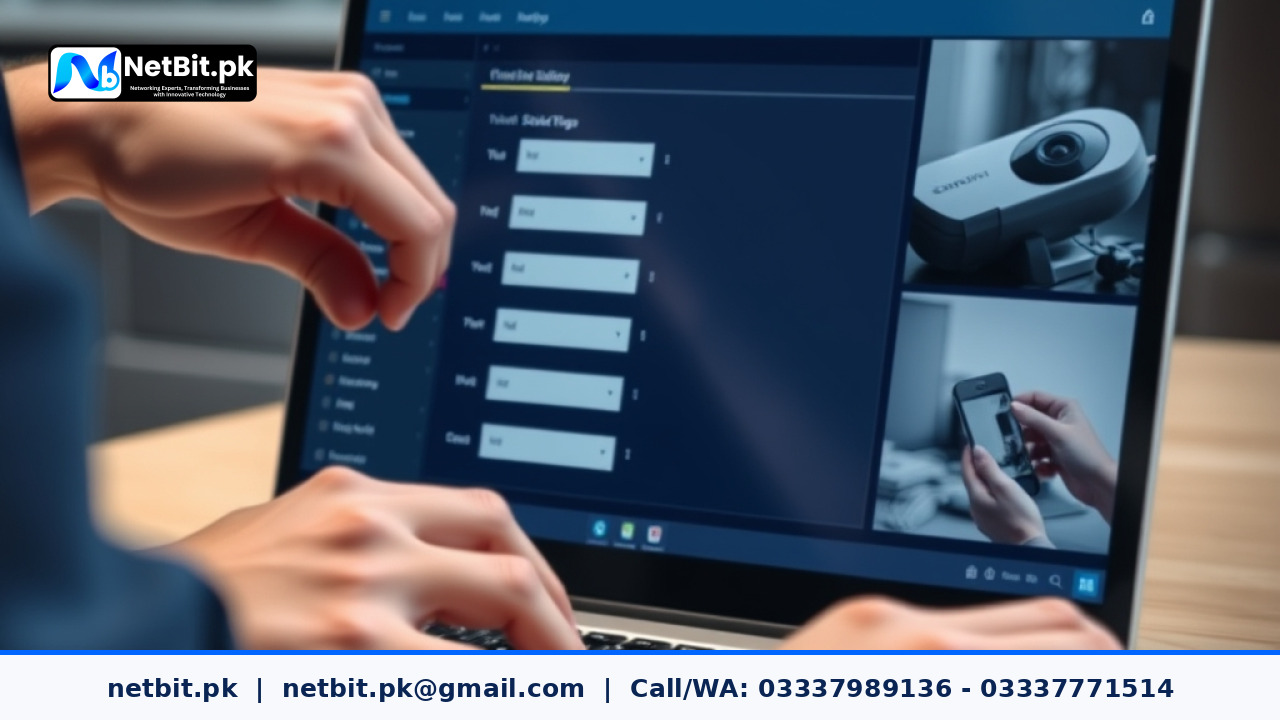 Close-up of a technician configuring CCTV surveillance software settings on a modern workstation | NetBit Software House and Technology | netbit.pk
