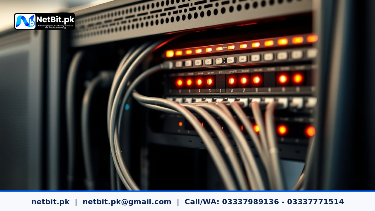 Server room hardware and network cables during configuration