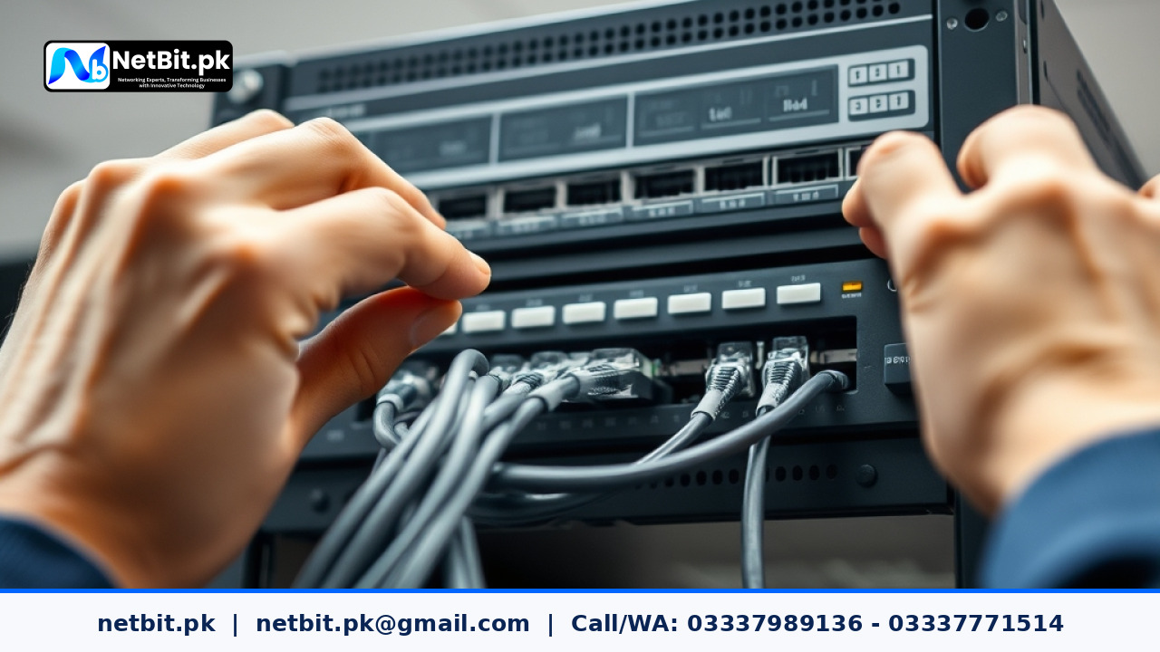 Close-up of network switch ports and patch cables in an office rack