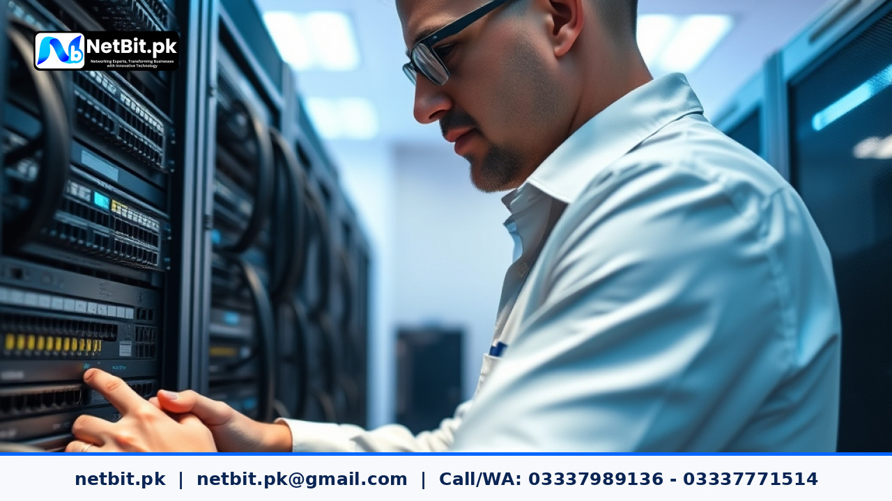 Network technician configuring managed switches and routers for office VLAN setup