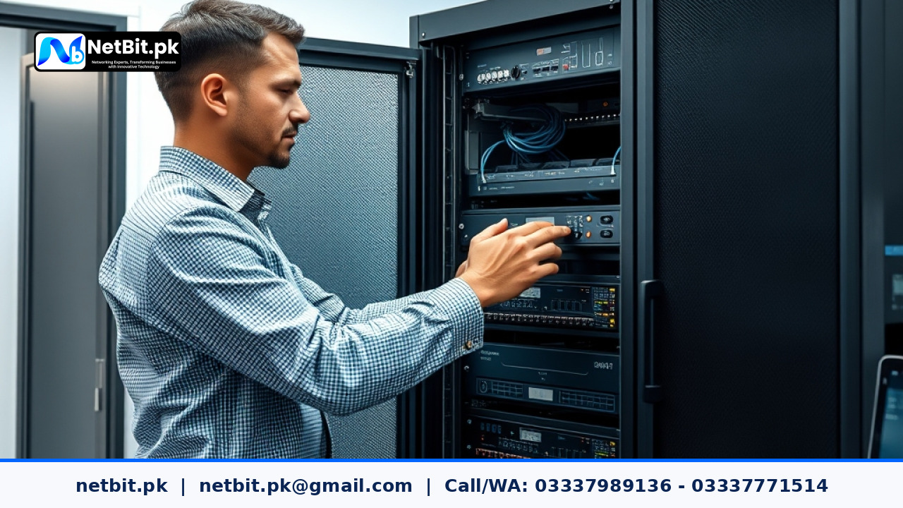 IT technician configuring server processes in a modern technology office
