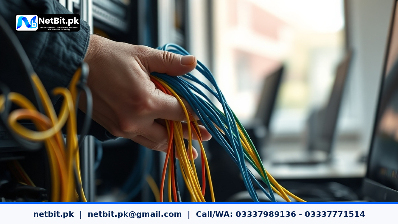 Close-up of a technician terminating Cat6 network cables in an office setting | NetBit Software House and Technology | netbit.pk