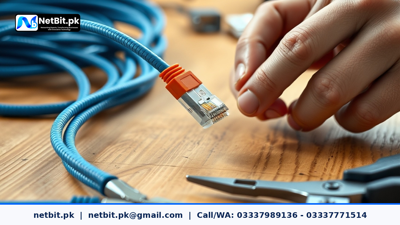 Technician carefully terminating a Cat6 cable with an RJ45 connector using professional crimping tools in a clean office environment