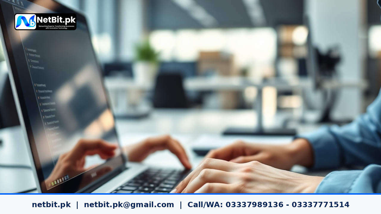 A software developer configuring AI agent parameters on a modern laptop screen in a professional office | NetBit Software House and Technology | netbit.pk