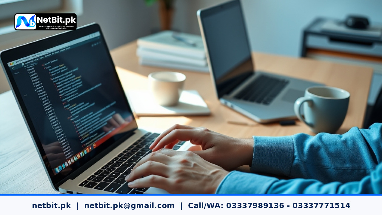 Developer working on AI agent system prompts on a laptop | NetBit Software House and Technology | netbit.pk