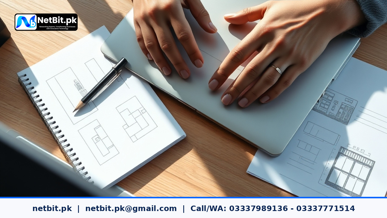 Designer sketching responsive web form layouts on paper beside a laptop running design software | NetBit Software House and Technology | netbit.pk