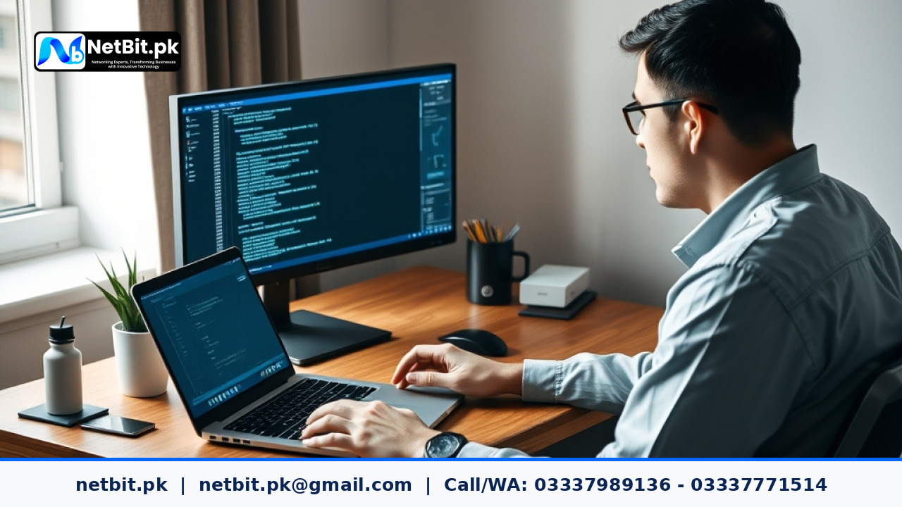 Developer testing prompt templates on a dual-monitor workstation in a clean office environment