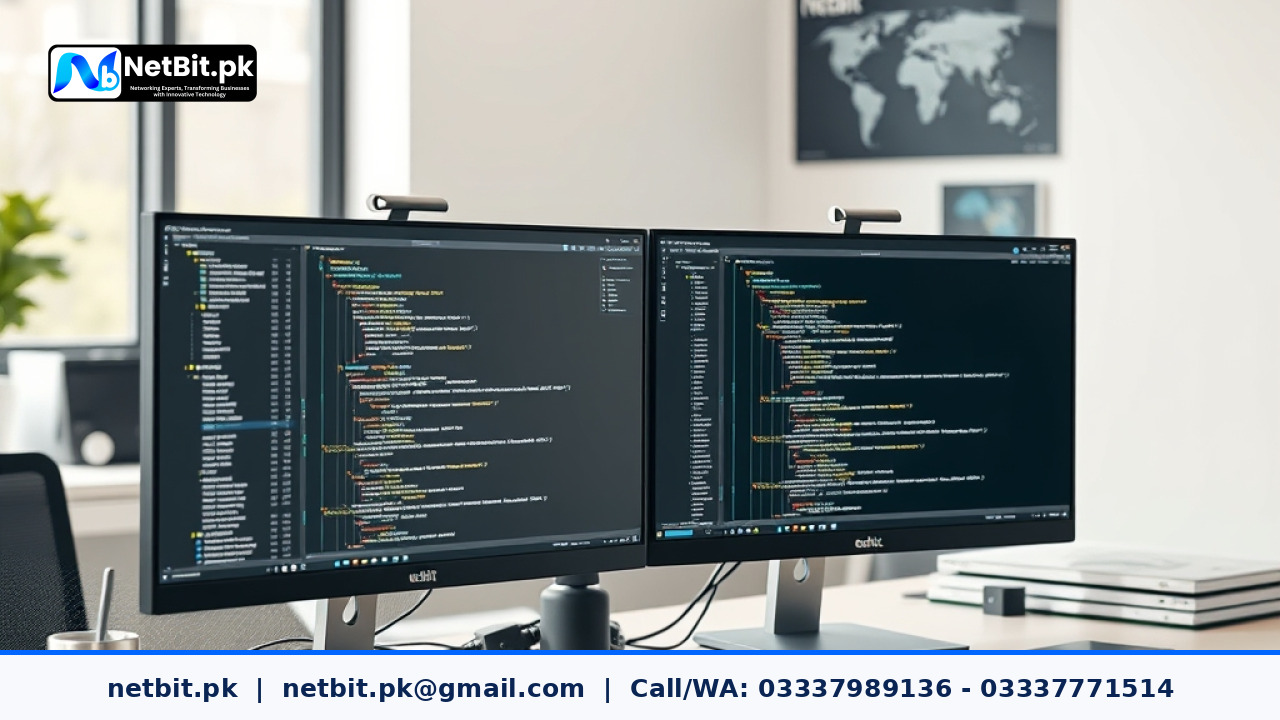 Clean workspace showing software development and AI schema architecture planning on modern screens